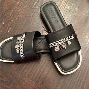 DKNY Black Sandals with Silver Chain Detail